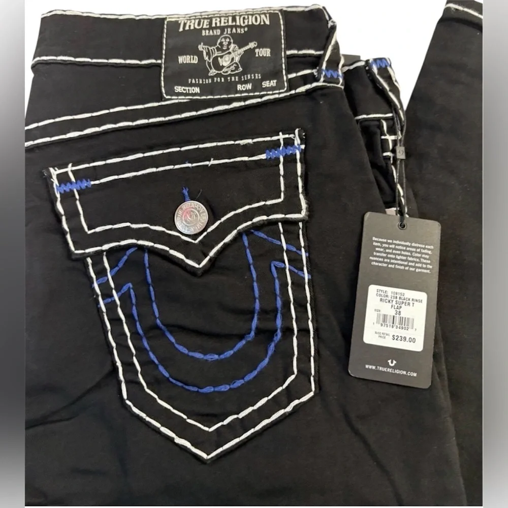 True Religion Black Jeans with Blue and White Stitching